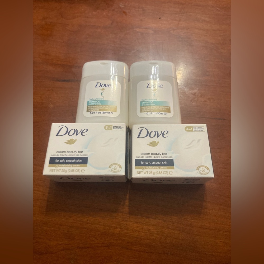 4/$25 Dove Beauty Bar & Dove daily moisture shampoo hotel size set.